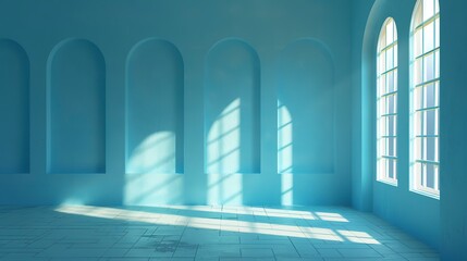 Fototapeta premium Sunlit empty blue room with geometric shadows cast by window
