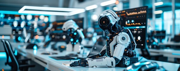 Fototapeta premium Gadgets in a futuristic office setting, work innovation, tech progress