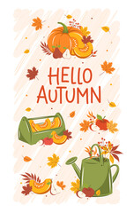 Hello, Autumn. Set of vector illustration with pumpkin, fruit, watering can and autumn leaves. Gardening, growing plants.