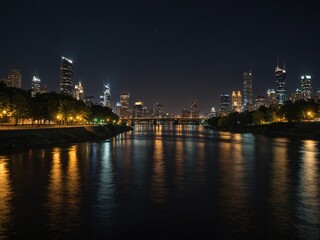 A riverside at night with the river quietly flowing, and a brightly lit city skyline in the distance.