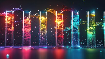 Obraz premium conceptual visualization of market sentiment, depicted as a color-changing fluid in glass containers, varying according to real-time data