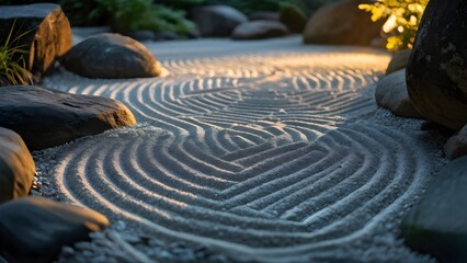 Naklejka premium zen garden bathed in the soft glow of dawn as a serene symbol for relaxation