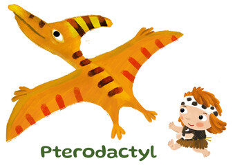caveman human cartoon happy and funny colorful prehistoric dinosaur dino pterodactyl bird isolated illustration with child pointing on animal © honeyflavour