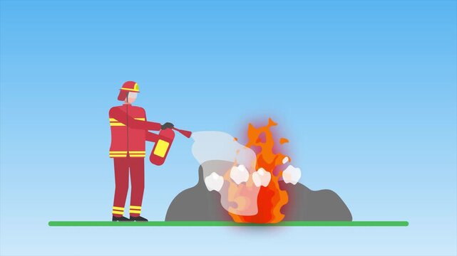 Animated video Firefighters with firefighting equipment concept. Full length animation illustration. High quality 4k footage.