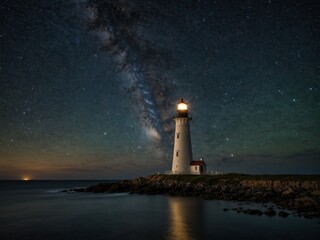 A starry night sky with the Milky Way stretching across, and a lone lighthouse in the distance.