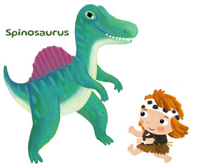 caveman human cartoon happy and funny colorful prehistoric dinosaur dino spinosaurus isolated illustration with child pointing on animal
