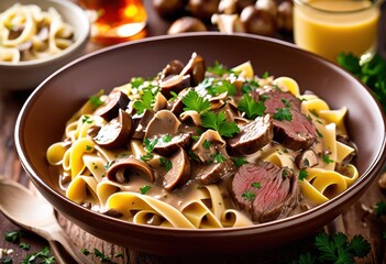 delicious hearty beef stroganoff tender creamy savory mushrooms served over egg noodles comforting meal, sauce, meat, dish, flavor, dinner, recipe, ingredients