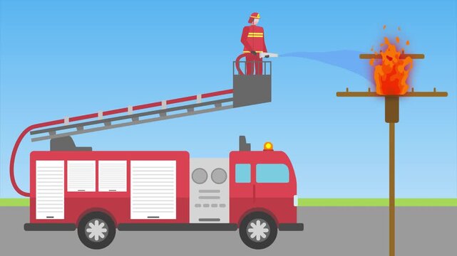 Animated video Firefighters with firefighting equipment concept. Full length animation illustration. High quality 4k footage.