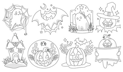 Set of isolated Halloween decoration elements for sticker, badge, tag or label in cute graphic illustration style on transparent background, Volume 9: Black outline style.