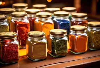 vibrant close colorful glass jars filled variety spices showcasing rich textures unique colors, seasoning, aroma, herbs, container, culinary, ingredient