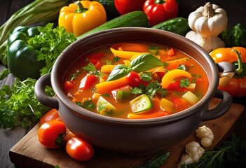 nourishing hearty vegetable soup fresh colorful aromatic herbs stewing together rich broth, vegetables, carrots, potatoes, celery, onions, garlic, tomatoes