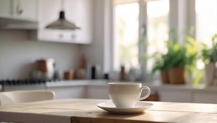 Fototapeta premium Bright modern kitchen with white coffee cup on table, morning light, breakfast time in summer day.