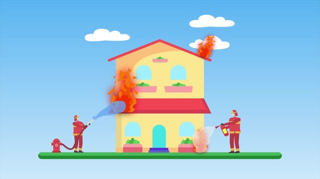 Animated video Firefighters with firefighting equipment concept. Full length animation illustration. High quality 4k footage.