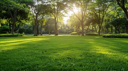 Obraz premium Background texture of fresh green lawn of a local public park with beautiful trees in the soft morning sunlight