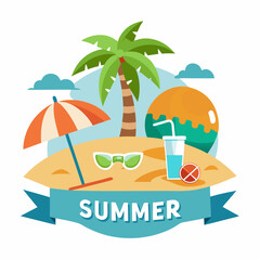 Obraz premium Summer design with sunglasses and palm at island with white background for your Tshirt design, Apparel or your event background