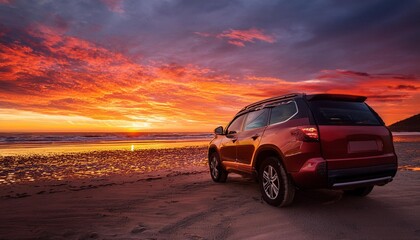 Sunset Elegance: Luxury SUV Parked on the Beach"