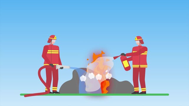 Animated video Firefighters with firefighting equipment concept. Full length animation illustration. High quality 4k footage.