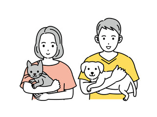 犬や猫を抱っこする男女のイラスト