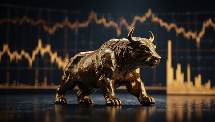 Bull and bear financial infographic gold and black stock market chart award with text space.
