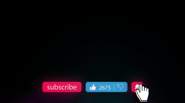 Subscribe, like and notification bell buttons for social media content as hud overlay, mouse pointer clicks, digital animation on black for your channel