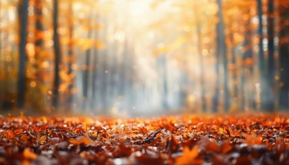 Golden leaves cover the forest floor in a breathtaking autumn scene.