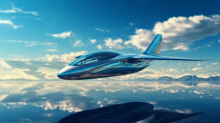 Obraz premium New and clean airplane float in cloudy sky. Neural network ai generated art