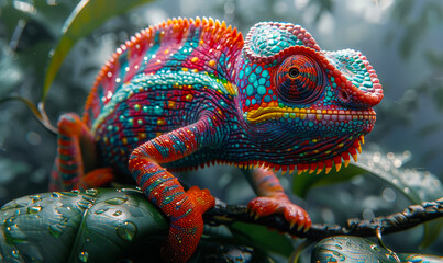 Obraz premium Vibrant Close-Up of Colorful Chameleon on Dewy Leaves Symbolizing Adaptability in Misty Jungle Setting