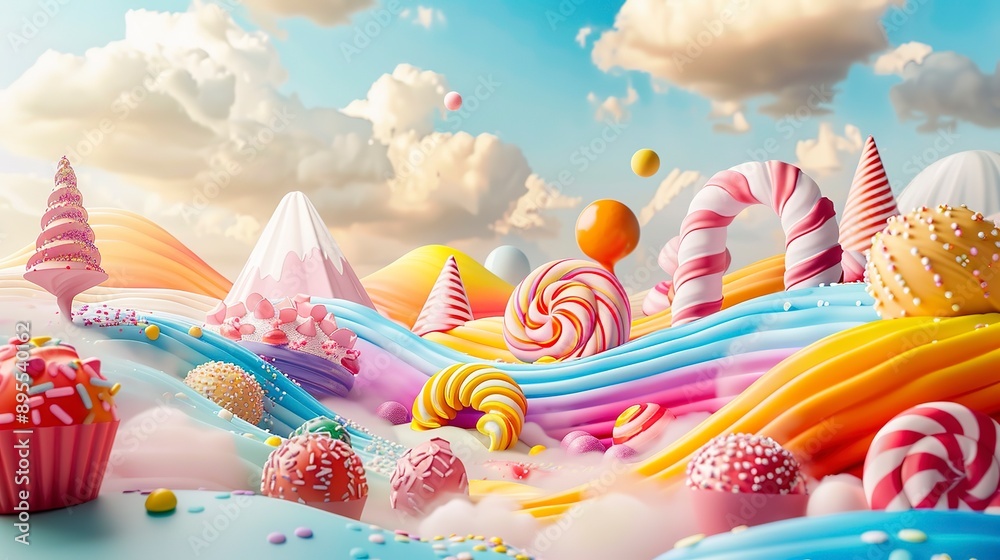 Poster Surreal abstract colorful landscape. Fairy-tale world of sweets. 