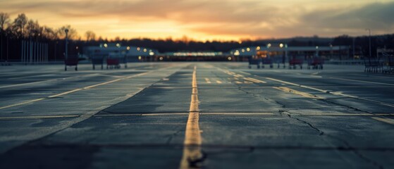 Fototapeta premium Empty parking lot at sunset with a clear view of the horizon.