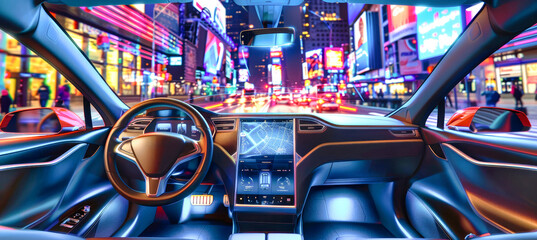 Driving an electric car through a city at night provides a futuristic experience with holographic maps on the dashboard and neon city lights