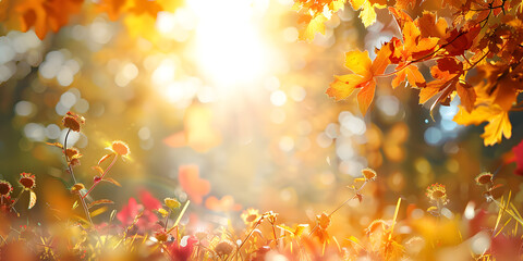 Vibrant Autumn Landscape with Sunlit Foliage and Fresh Blossoms in a Warm Golden Glow. autumn scene, banner