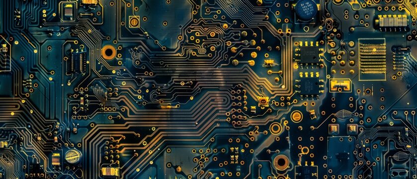  Panoramic close-up, high detail scan of PCB vias texture, Generative AI 