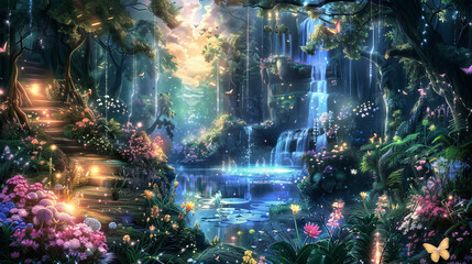 Show me a magical fairyland enchanted forest woodland with waterfall glowing mystical light beautiful nature background scene tranquil idyllic storybook illustration with copy space