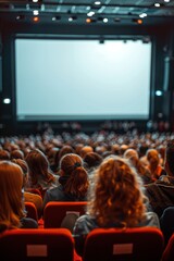 People in the cinema auditorium with Cinema blank wide screen and red chairs in the cinema hall,People silhouettes watching movie performance,empty white screen,space for text.