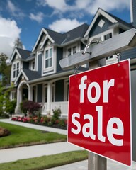 A red for sale sign hanging on the front of an urban home