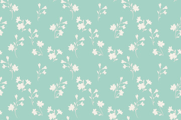 Pastel mint green pattern with tiny florals stem. Abstract artistic branches with small flowers seamless print. Vector hand drawing. Simple nature ornament for design, fashion, fabric, wallpaper