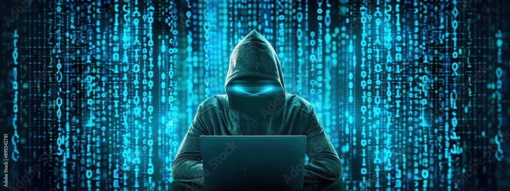 Poster hacker deploying virus, dark web cyber attack