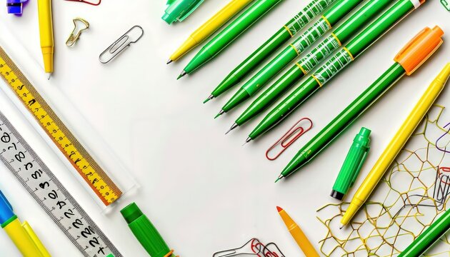 A display of various office supplies arranged in a collage on a white background, emphasizing the neat arrangement and practical design of items necessary for daily business and educational tasks.