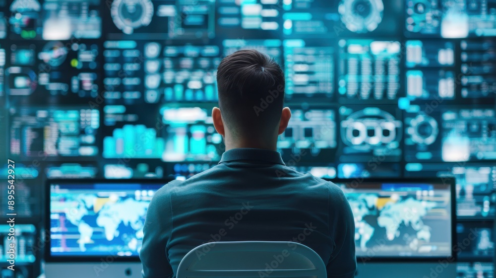 Poster hacker with multiple monitors displaying breached data, betray, cyber manipulation and security brea