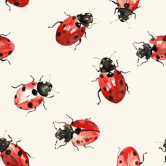Watercolor ladybugs seamless repeating pattern, minimal pattern, high contrasty