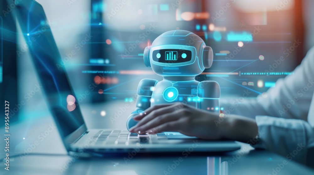 Poster individual conversing with a chatbot on their desktop, engaging in language exercises during the int