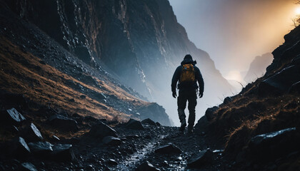 Obraz premium Highland Roams in Rainy Winter: The Seeker's Trek Immersed in Landslide