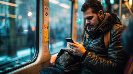 A man sitting on a train, checking his phone and texting.