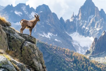 A picturesque image of a chamois standing on a rocky ledge in the Alps, with a dramatic backdrop of snow