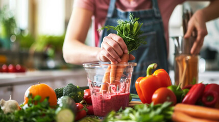 Woman making a vegetable smoothie in a kitchen