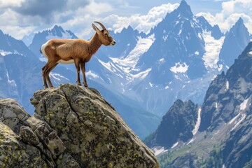Obraz premium A picturesque image of a chamois standing on a rocky ledge in the Alps, with a dramatic backdrop of snow