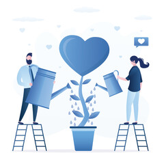 Love couple watering their relation. Man and woman watering flower of love. Loving couple planting heart shape flower. Design for Valentine’s Day greeting card, poster,