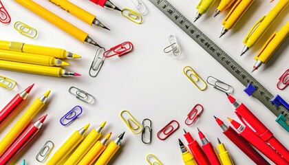 A detailed collage of various stationery products, from rulers to erasers, arranged on a white background, ideal for showcasing the essential tools for productivity and organization.