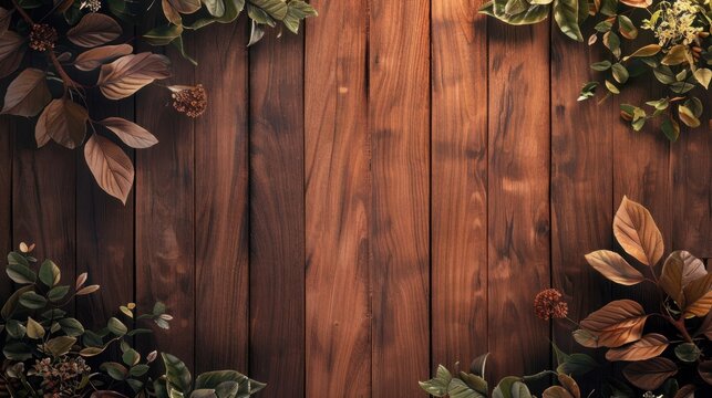 Rustic Wooden Background with Foliage