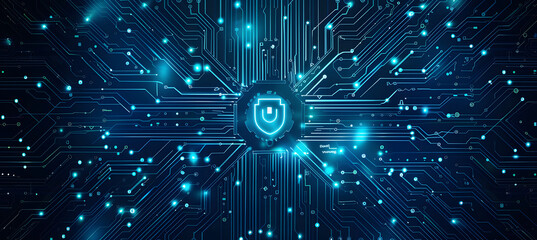 Fototapeta premium Abstract Futuristic Blue Circuit Board with Padlock Symbol
